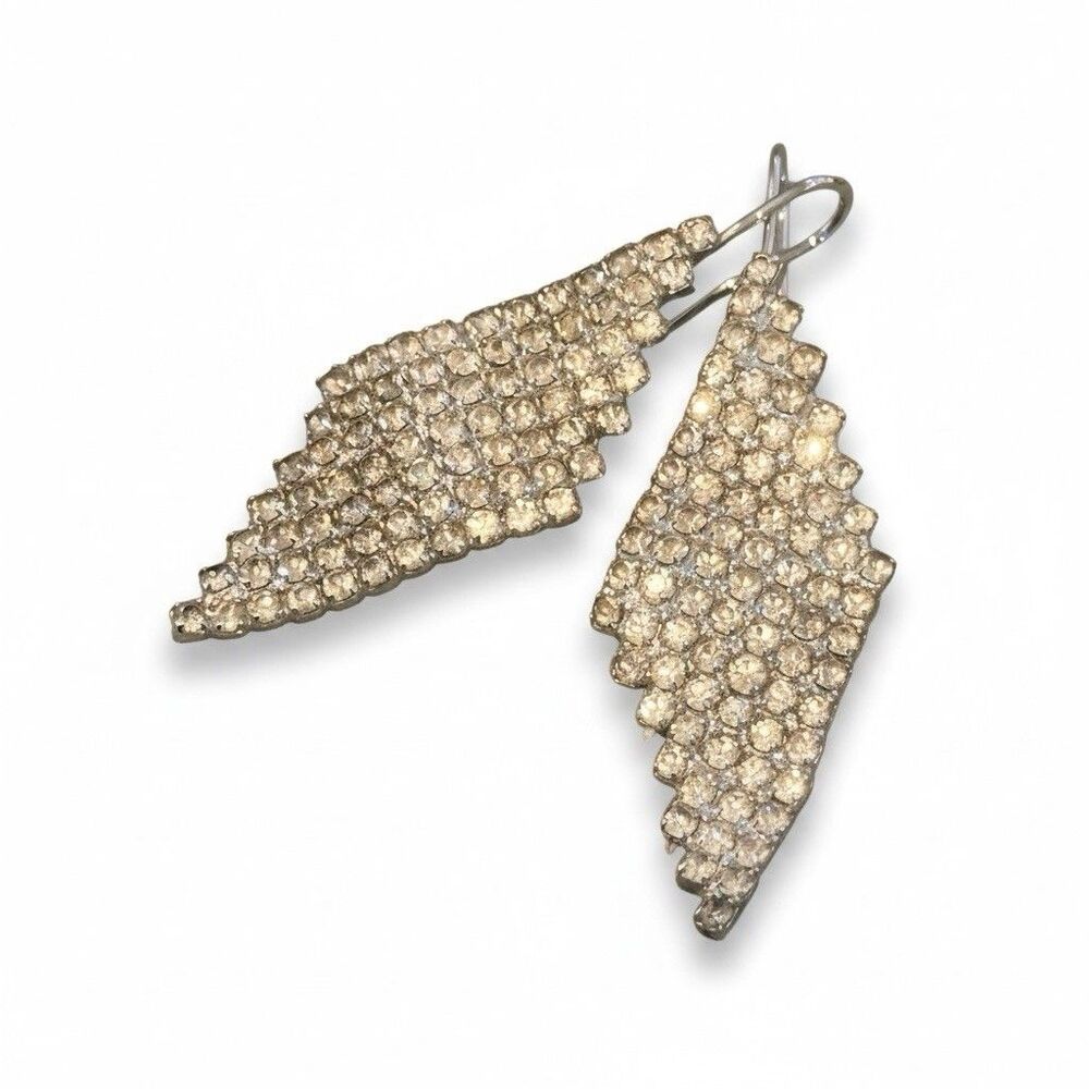 Diamond Shaped Rhinestone Silver Tone Dangle Pierced Fashion Earrings